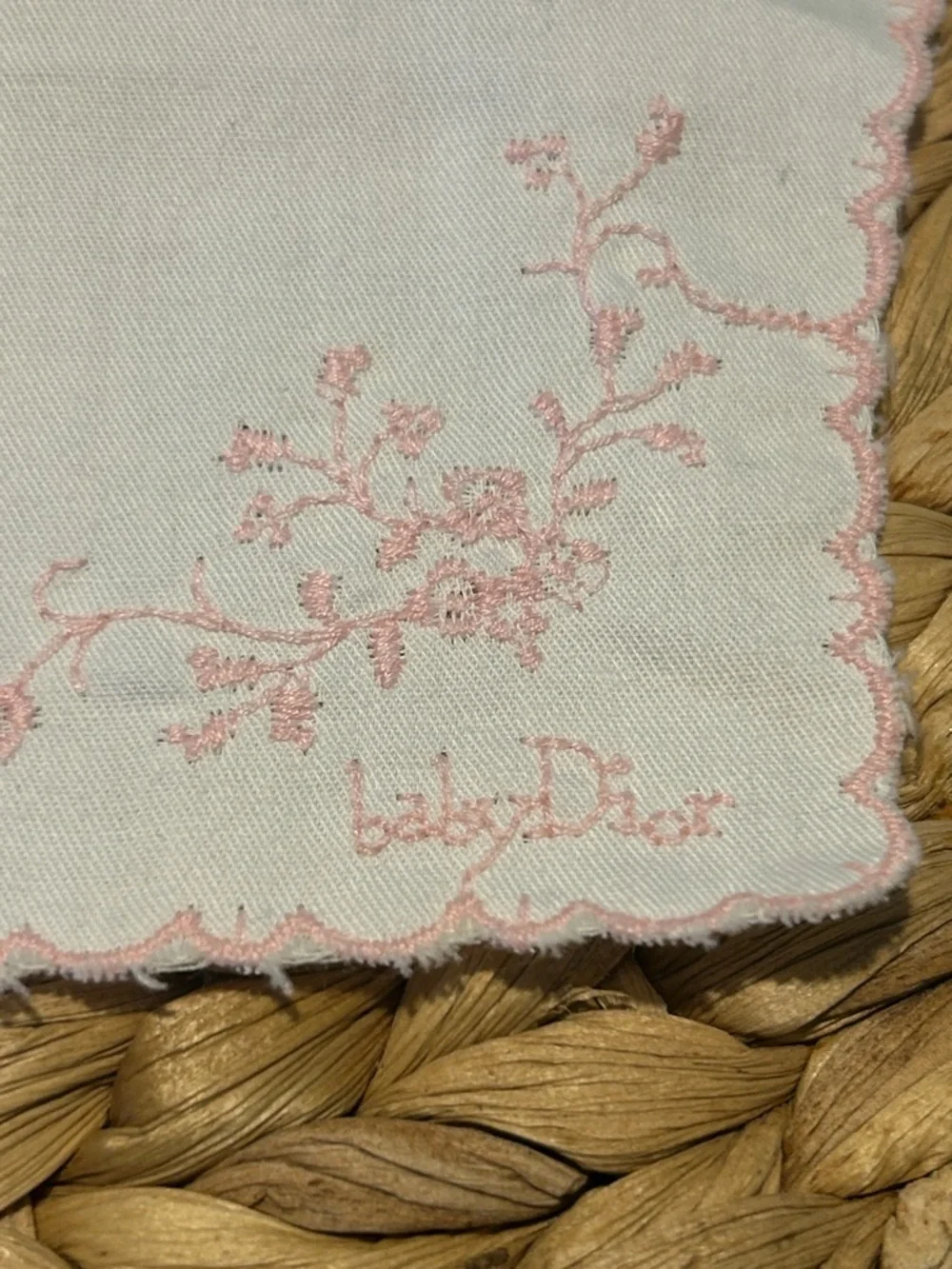 Vintage Handmade White Baby Bib with Pink Embroidery